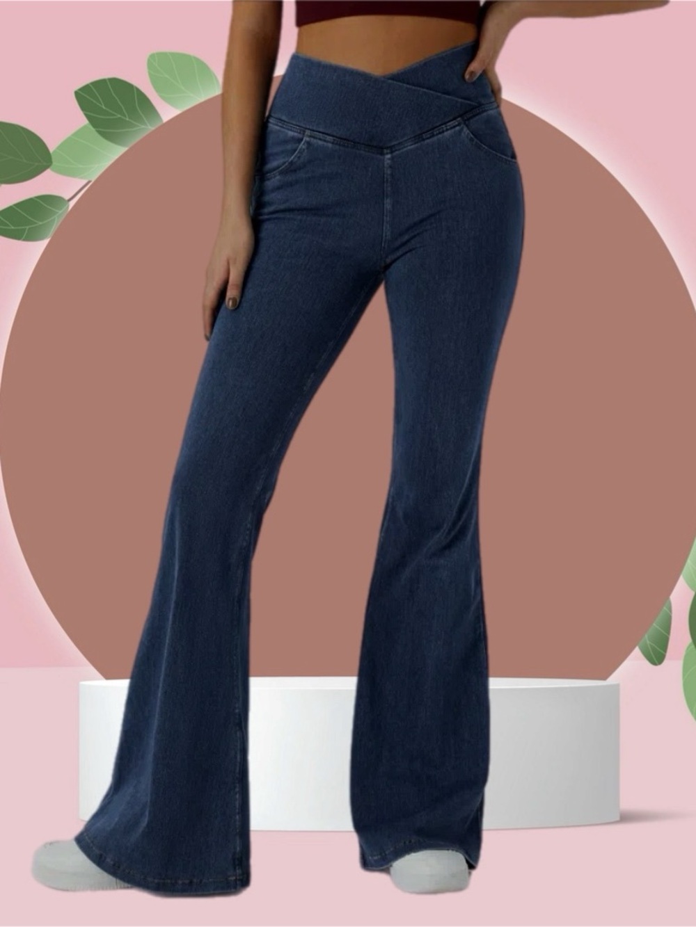 Halara Flex High Waisted Crossover Pocket Casual Jeans Washed Denim Bleach Blue